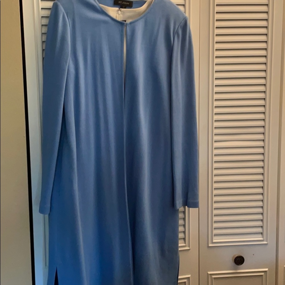 Coat and sleeveless dress ensemble.